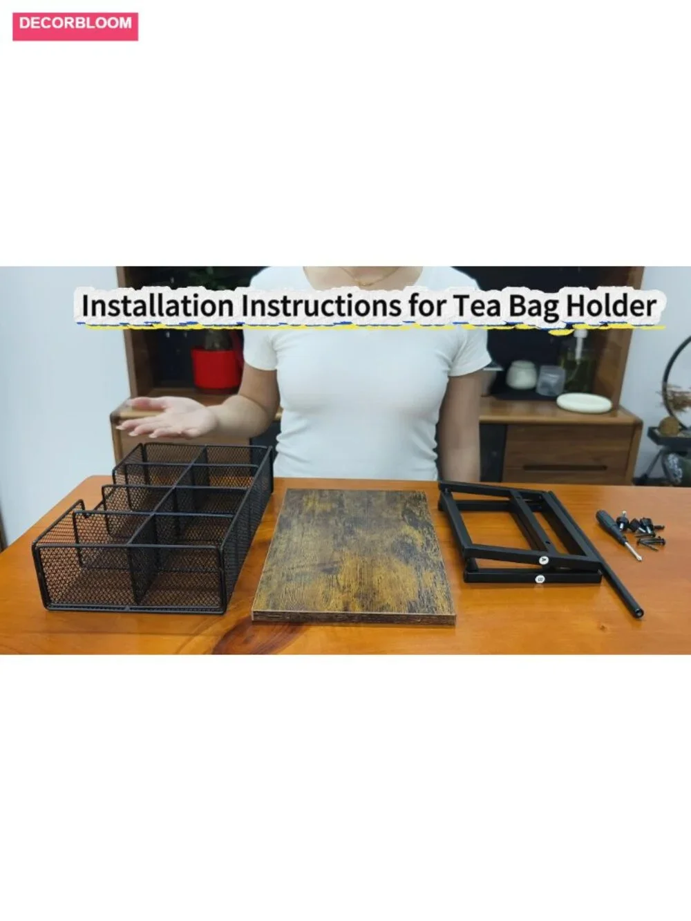 Tea Bag Organizer with Drawer Natural Wood & Metal 8 Compartments with Hooks